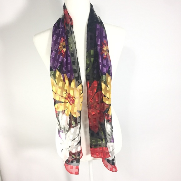 Scarf Multicolored Flowers Red Black Purple Yellow - Picture 2 of 15